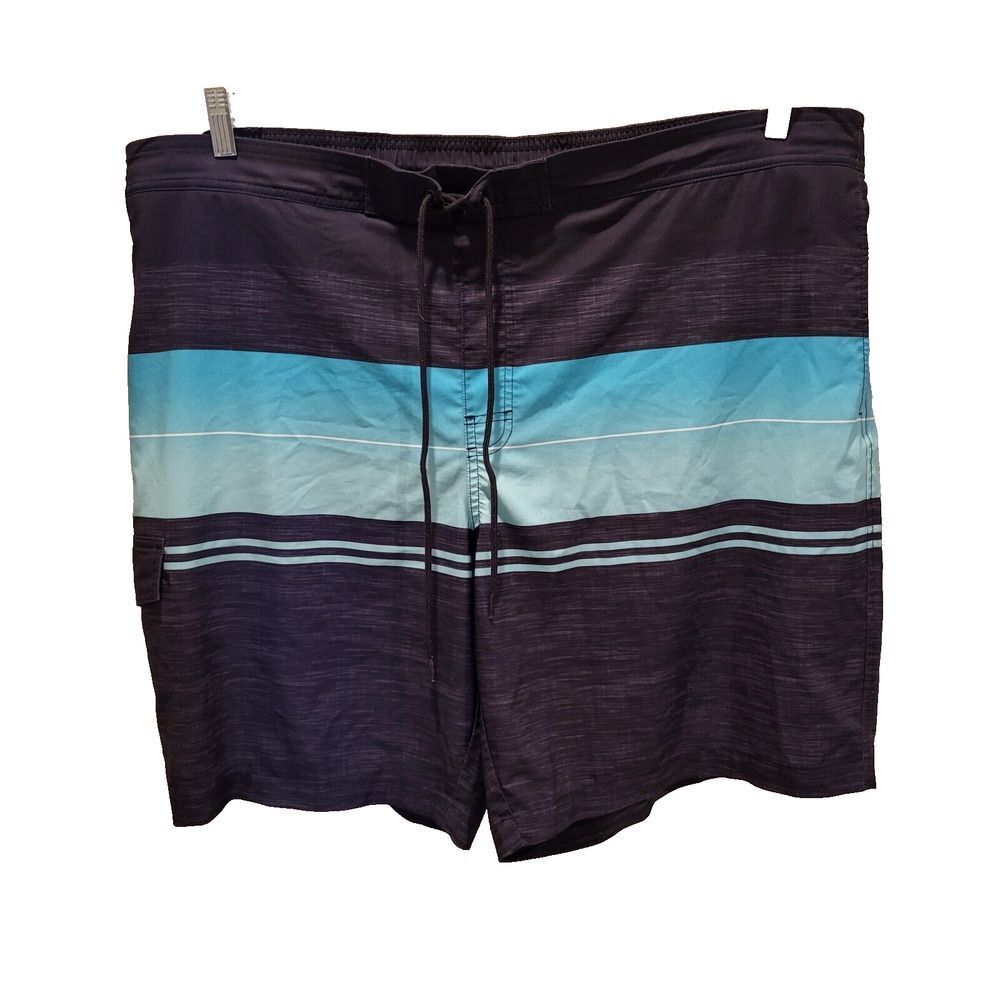 Sonoma Men's Size 2XB Swim Trunks Black Teal White Stripes Faux Fly Drawstring - Picture 2 of 16